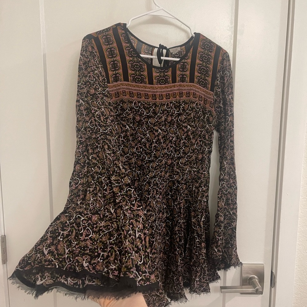 Whimsigoth Flare Boho Ecote Black‎ and Brown Patterned Mini Dress